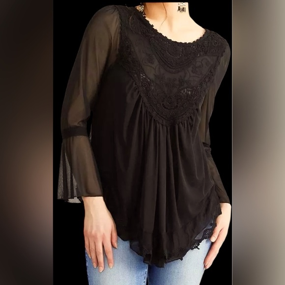 Vintage style Semi sheer Mesh embroidered crotchet flowy Top Sz L - Picture 1 of 16